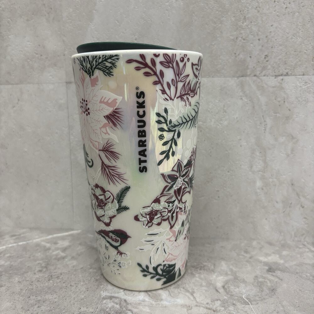 Starbucks 2022 Ceramic Tumbler Holiday Pink Enchanted Forest Floral Cup 12oz